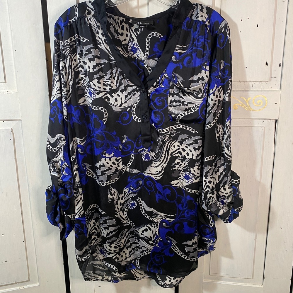 AB Studio Baroque Silky Blouse Top Size L V Neck Blue Black Business‎ Casual